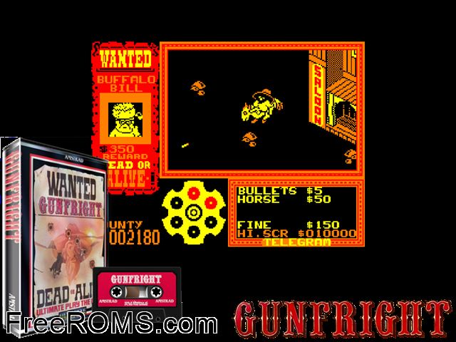 Gun Fright (UK) (1985) [h1] Amstrad CPC game showing 3D box cover and gameplay screenshot